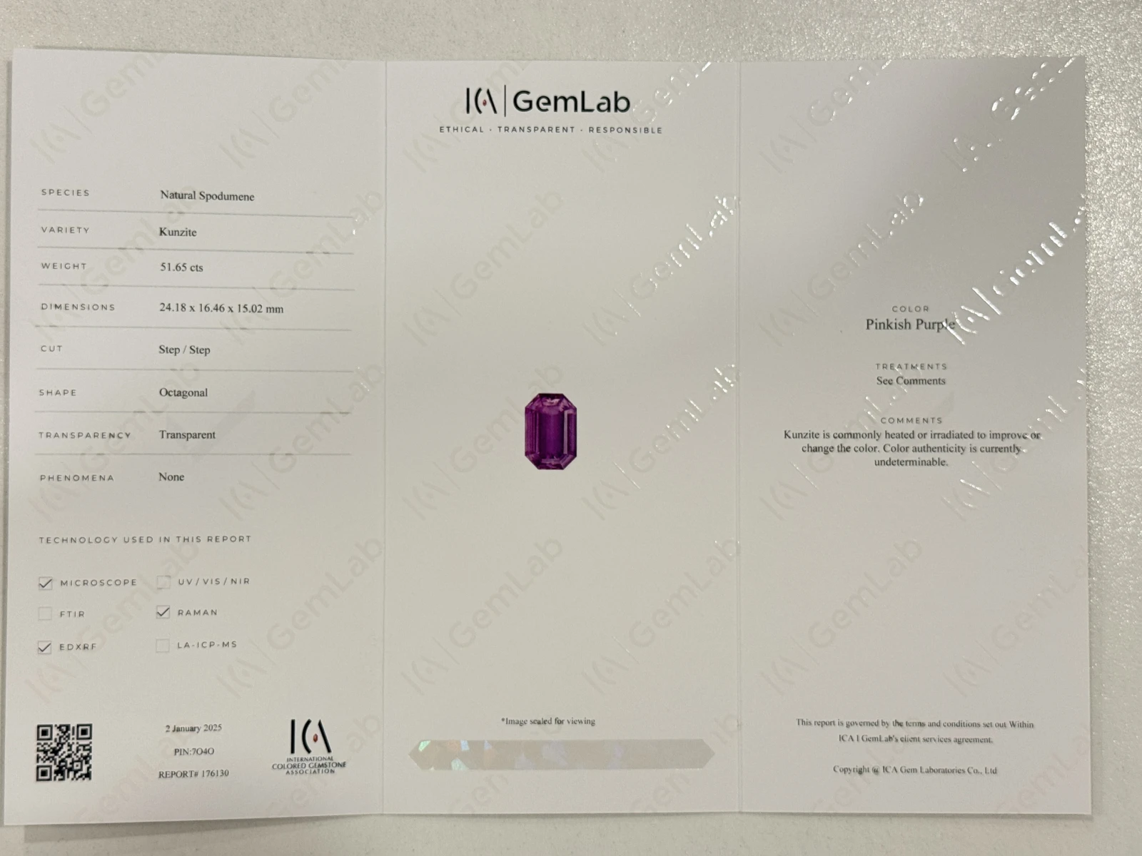 51.65 CT Natural Pinkish Purple Kunzite Octagonal Shape Loose Gemstone — view 1